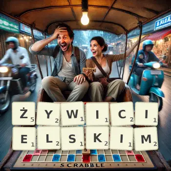 Kreatywna ilustracja do gry w Scrabble ze słowem ŻYWICIELSKIM ułożonym z płytek na planszy.