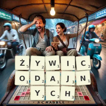 Kreatywna ilustracja do gry w Scrabble ze słowem ŻYWICODAJNYCH ułożonym z płytek na planszy.