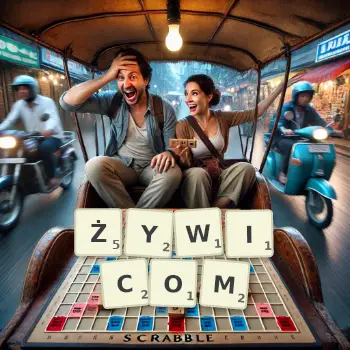 Kreatywna ilustracja do gry w Scrabble ze słowem ŻYWICOM ułożonym z płytek na planszy.