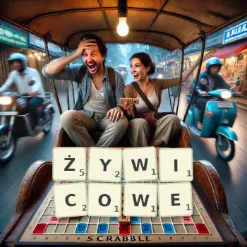 Kreatywna ilustracja do gry w Scrabble ze słowem ŻYWICOWE ułożonym z płytek na planszy.