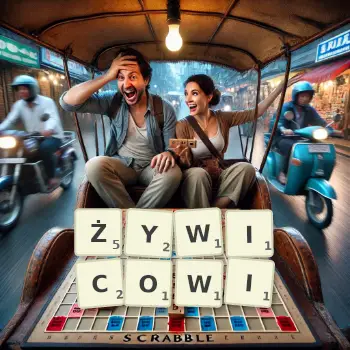 Kreatywna ilustracja do gry w Scrabble ze słowem ŻYWICOWI ułożonym z płytek na planszy.