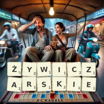 Kreatywna ilustracja do gry w Scrabble ze słowem ŻYWICZARSKIE ułożonym z płytek na planszy.