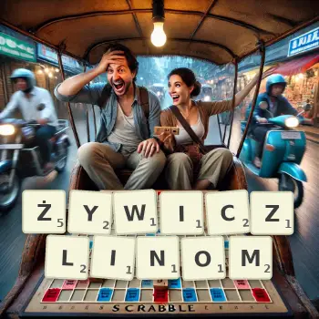 Kreatywna ilustracja do gry w Scrabble ze słowem ŻYWICZLINOM ułożonym z płytek na planszy.