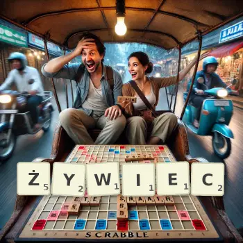 Kreatywna ilustracja do gry w Scrabble ze słowem ŻYWIEC ułożonym z płytek na planszy.