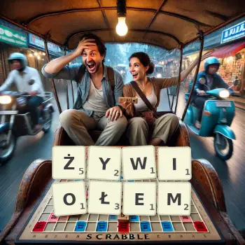 Kreatywna ilustracja do gry w Scrabble ze słowem ŻYWIOŁEM ułożonym z płytek na planszy.