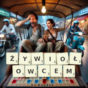 Kreatywna ilustracja do gry w Scrabble ze słowem ŻYWIOŁOWCEM ułożonym z płytek na planszy.