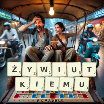 Kreatywna ilustracja do gry w Scrabble ze słowem ŻYWIUTKIEMU ułożonym z płytek na planszy.