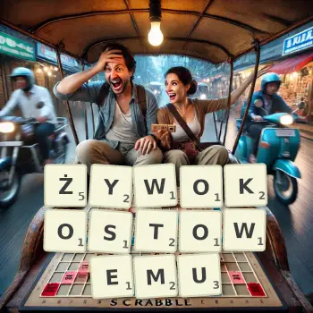 Kreatywna ilustracja do gry w Scrabble ze słowem ŻYWOKOSTOWEMU ułożonym z płytek na planszy.