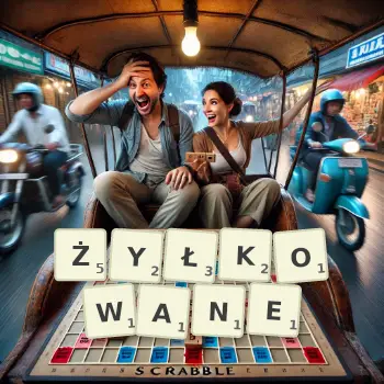 Kreatywna ilustracja do gry w Scrabble ze słowem ŻYŁKOWANE ułożonym z płytek na planszy.