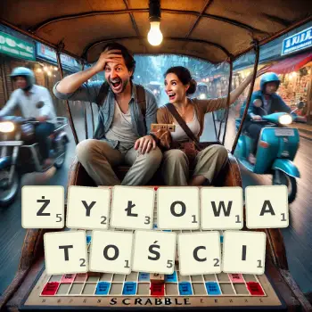 Kreatywna ilustracja do gry w Scrabble ze słowem ŻYŁOWATOŚCI ułożonym z płytek na planszy.