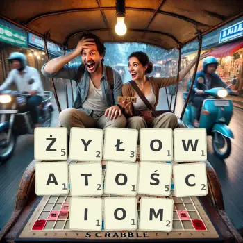 Kreatywna ilustracja do gry w Scrabble ze słowem ŻYŁOWATOŚCIOM ułożonym z płytek na planszy.