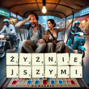 Kreatywna ilustracja do gry w Scrabble ze słowem ŻYŹNIEJSZYMI ułożonym z płytek na planszy.