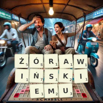 Kreatywna ilustracja do gry w Scrabble ze słowem ŻÓRAWIŃSKIEMU ułożonym z płytek na planszy.