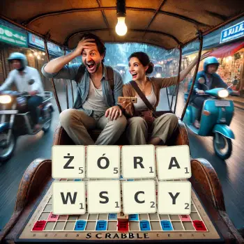 Kreatywna ilustracja do gry w Scrabble ze słowem ŻÓRAWSCY ułożonym z płytek na planszy.