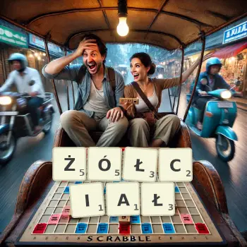 Kreatywna ilustracja do gry w Scrabble ze słowem ŻÓŁCIAŁ ułożonym z płytek na planszy.