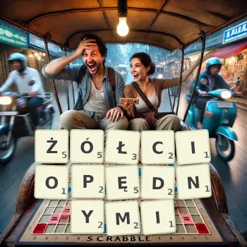 Kreatywna ilustracja do gry w Scrabble ze słowem ŻÓŁCIOPĘDNYMI ułożonym z płytek na planszy.