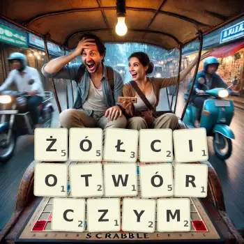 Kreatywna ilustracja do gry w Scrabble ze słowem ŻÓŁCIOTWÓRCZYM ułożonym z płytek na planszy.