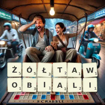 Kreatywna ilustracja do gry w Scrabble ze słowem ŻÓŁTAWOBIALI ułożonym z płytek na planszy.