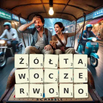 Kreatywna ilustracja do gry w Scrabble ze słowem ŻÓŁTAWOCZERWONO ułożonym z płytek na planszy.