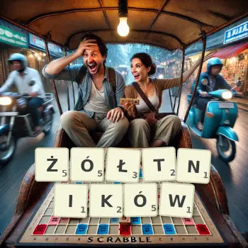 Kreatywna ilustracja do gry w Scrabble ze słowem ŻÓŁTNIKÓW ułożonym z płytek na planszy.