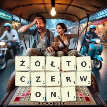Kreatywna ilustracja do gry w Scrabble ze słowem ŻÓŁTOCZERWONI ułożonym z płytek na planszy.