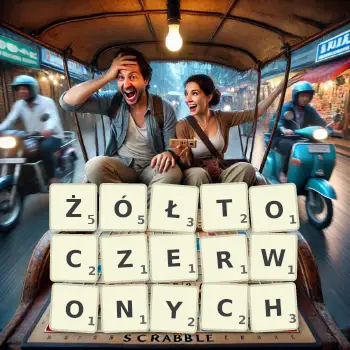 Kreatywna ilustracja do gry w Scrabble ze słowem ŻÓŁTOCZERWONYCH ułożonym z płytek na planszy.