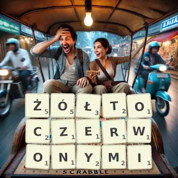 Kreatywna ilustracja do gry w Scrabble ze słowem ŻÓŁTOCZERWONYMI ułożonym z płytek na planszy.