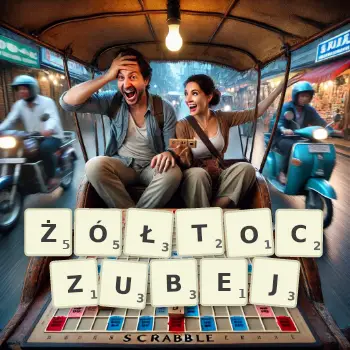 Kreatywna ilustracja do gry w Scrabble ze słowem ŻÓŁTOCZUBEJ ułożonym z płytek na planszy.