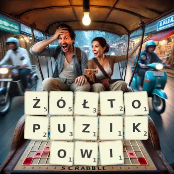 Kreatywna ilustracja do gry w Scrabble ze słowem ŻÓŁTOPUZIKOWI ułożonym z płytek na planszy.