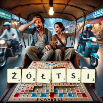 Kreatywna ilustracja do gry w Scrabble ze słowem ŻÓŁTSI ułożonym z płytek na planszy.