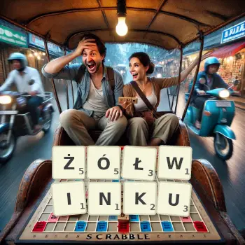 Kreatywna ilustracja do gry w Scrabble ze słowem ŻÓŁWINKU ułożonym z płytek na planszy.