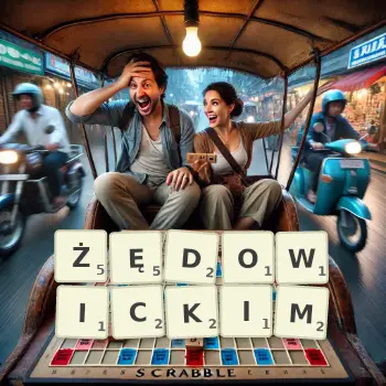Kreatywna ilustracja do gry w Scrabble ze słowem ŻĘDOWICKIM ułożonym z płytek na planszy.