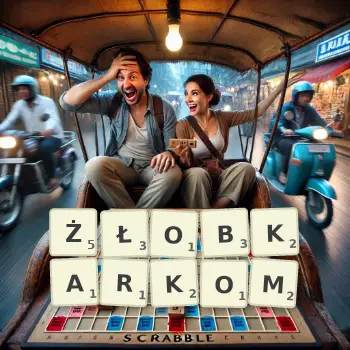 Kreatywna ilustracja do gry w Scrabble ze słowem ŻŁOBKARKOM ułożonym z płytek na planszy.