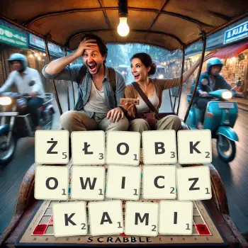 Kreatywna ilustracja do gry w Scrabble ze słowem ŻŁOBKOWICZKAMI ułożonym z płytek na planszy.