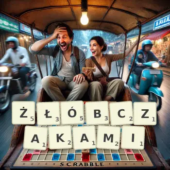 Kreatywna ilustracja do gry w Scrabble ze słowem ŻŁÓBCZAKAMI ułożonym z płytek na planszy.