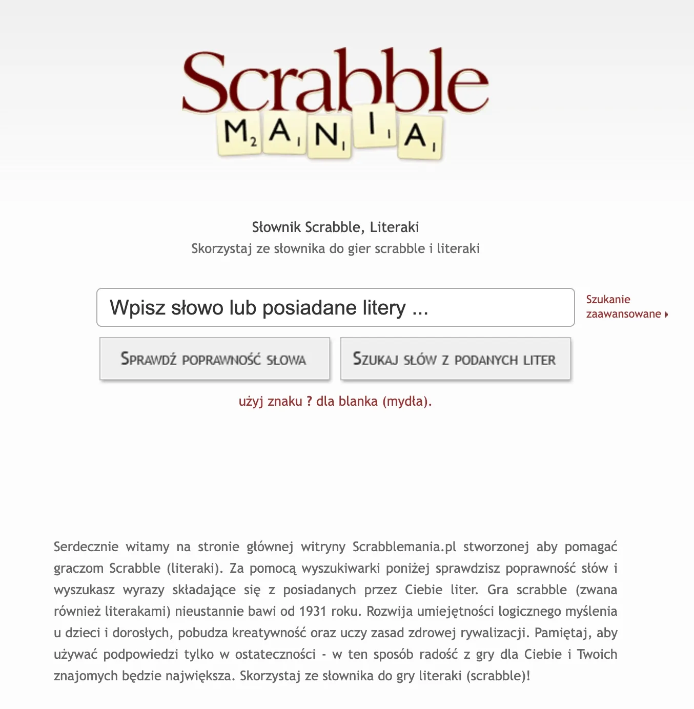 Widok interfejsu serwisu Scrabblemania